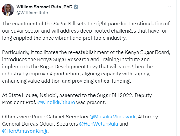 Ruto Signs Sugar Bill 2022, Introduces 4% Sugar Levy