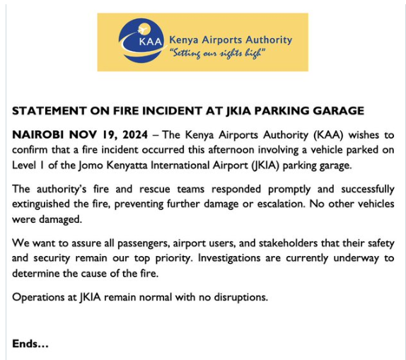 KAA Clarifies Fire Incident at JKIA's Parking Garage